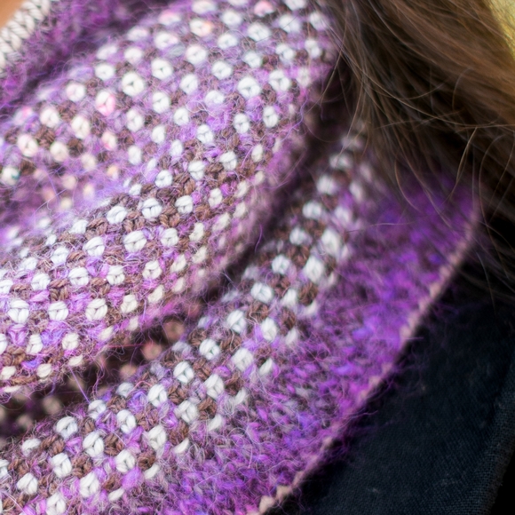 Hand Crafted Soft Warm Angora Knit Cowl in Purple Color Grey Dots Neon Speckles - Picture 6 of 8